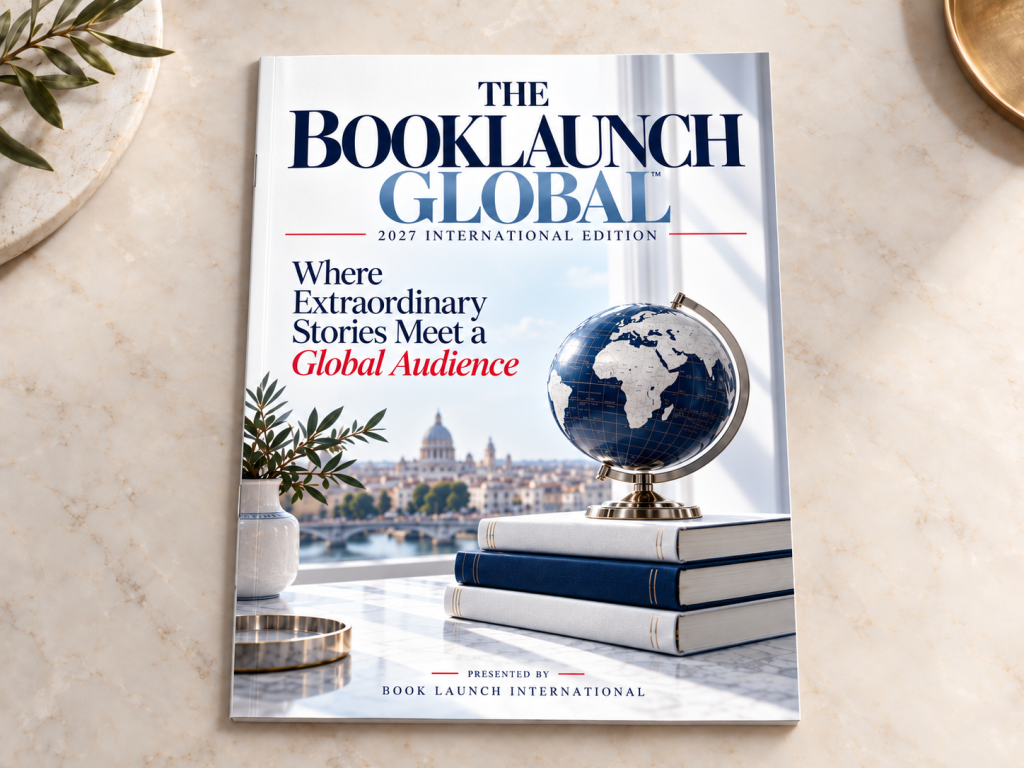 The BookLaunch Global Magazine 2027 on a literary desk with a globe